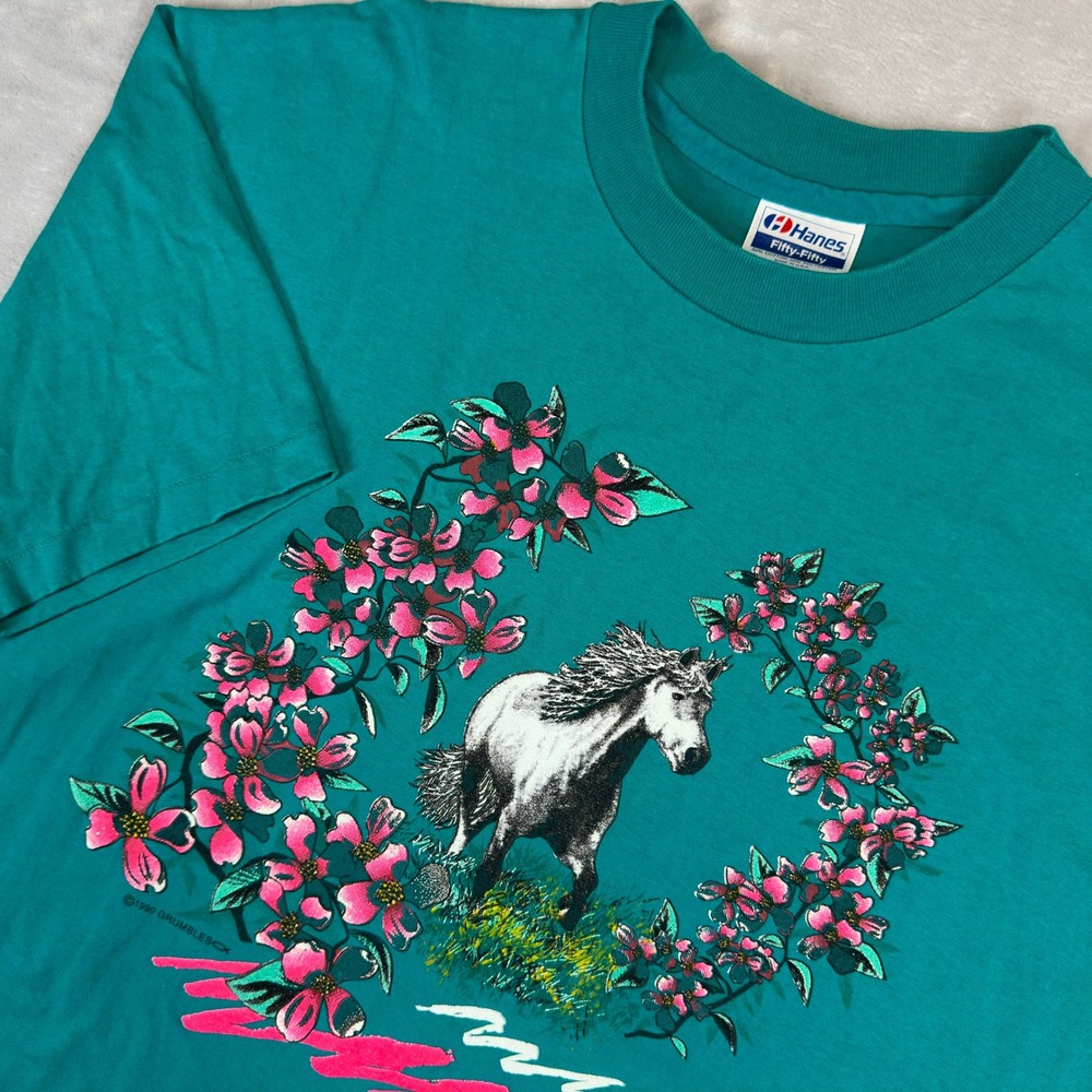 Hanes T-Shirt Mens XL Teal 1990 Grumbles Horse Floral Vintage Graphic Tee USA - Picture 6 of 8